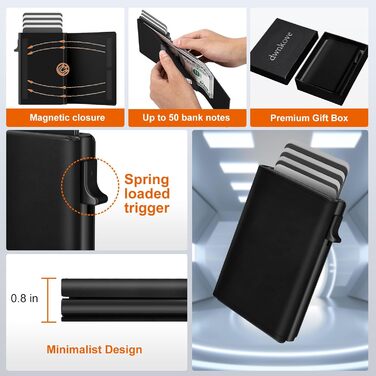 Чоловіче картхолдер, тонкий гаманець з магнітною застібкою та відділенням для монет, Pop-Up гаманець з карбону, для 11 карт, з віконцем для ID та відділенням для грошей (Чорний)