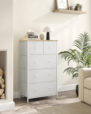 SONGMICS Chest of Drawers, Storage Cabinet, 5 Fabric Drawers, for Entryway, Living Room, White-Oak Finish LTS514W57