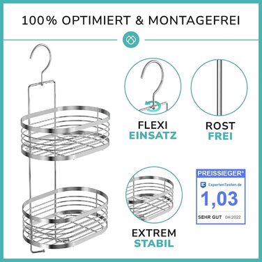 Shower shelf for hanging with 3-fold anti-rust protection incl. free razor holder, suction cups & spacers - Flexible hanging shower basket - Premium hanging shower shelf without drilling