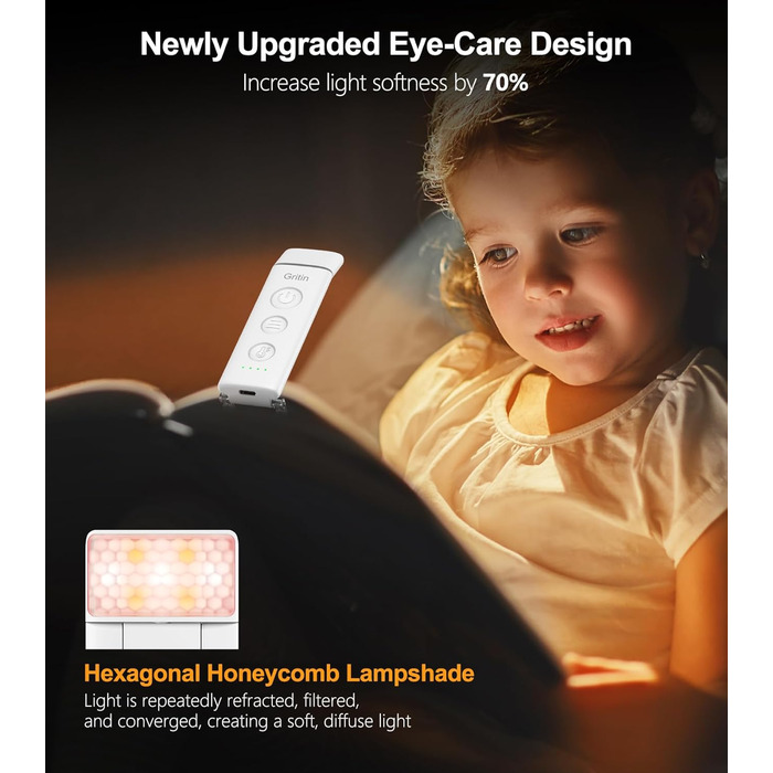 LED лампа для читання Gritin з USB-C, кріплення-прищіпка, регулювання яскравості, 3 кольори, для книголюбів