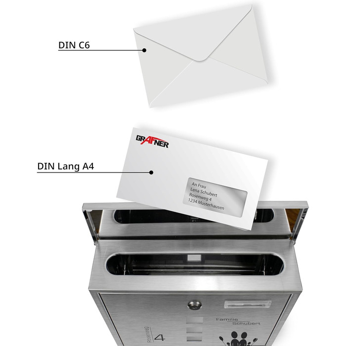 Поштовий ящик Grafner з нержавіючої сталі, персоналізований з газетницею та 2 ключами. Гравіювання імені, вулиці та номера будинку. Комплект для монтажу (Сім'я 4)