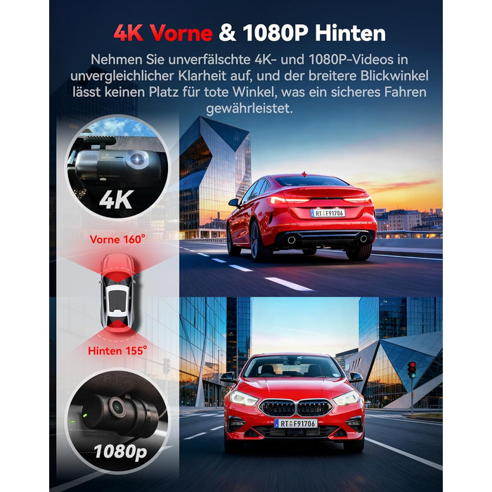 Автомобільний відеореєстратор REDTIGER 4K Ultra HD (передній та задній), GPS, 5.8GHz WiFi, нічний режим, режим паркування, підтримка карт пам'яті до 256ГБ, модель F9