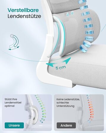 Офісний стіл SONGMICS, ергономічне крісло з сіткою, з адаптивною поперековою підтримкою та регульованою підголівником, для дому та офісу, сірий (OBN041G01)