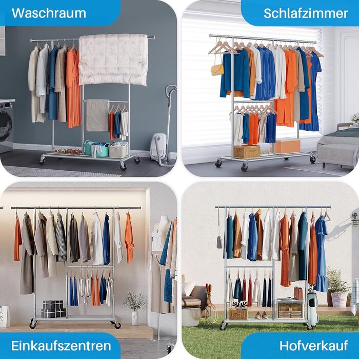 Стійка для одягу на колесах HOKEEPER, подвійна, вантажопідйомність до 283 кг