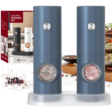 Електричні млинці для солі та перцю CIRCLE JOY, набір 2 шт., з підсвіткою LED, регульованим помелом, чорний (на батарейках, з підставкою - синій)