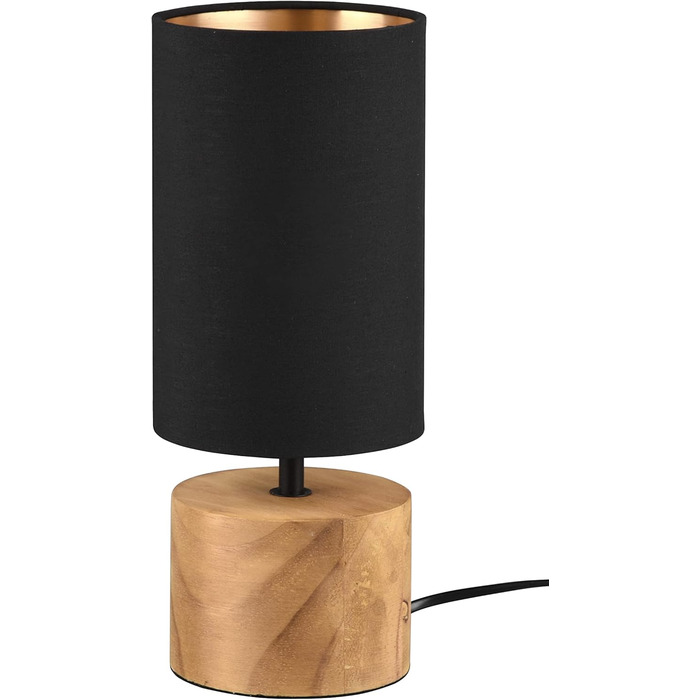 Настільна лампа Reality Leuchten Woody R50181080: чорний матовий метал, дерев'яний цоколь, абажур з тканини золотого кольору, без лампочки E27. Діаметр абажура 12 см
