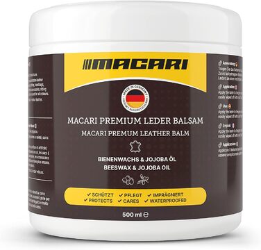 Macari Leather Care 500ml Balsam + 500ml Cleaner + 2 Sponges + Leather Brush Premium Leather Cleaner Set Beeswax for Leather Couch, Car, Furniture, Jacket, Clothing, Sofa, Handbag, Shoes, Saddle Leather Fat (500ml Leather Balsam)