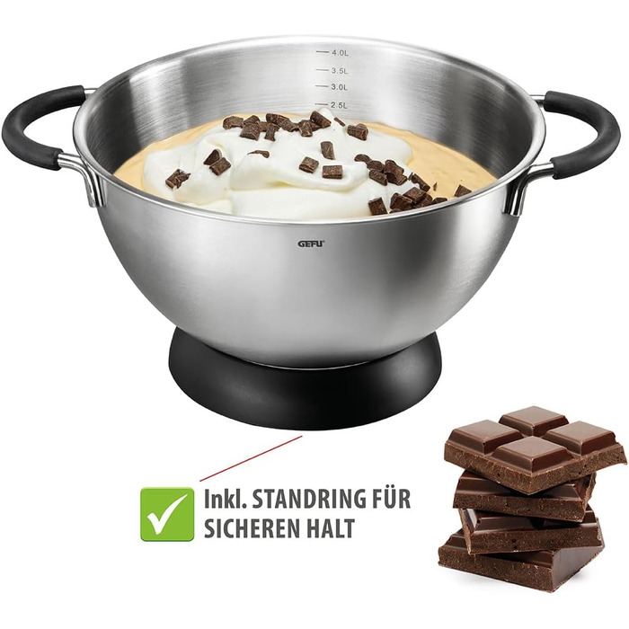 GEFU Mixing and Whisking Bowl MESCO – Stainless steel bowl with 4L volume, silicone handles & stand ring | With internal scale | Ø 24cm