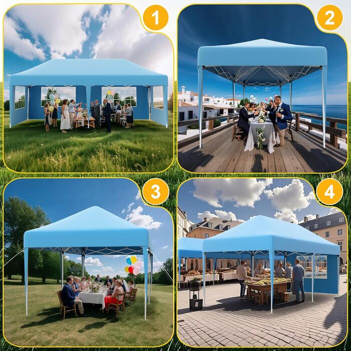 Devoko Gazebo, 2x2 Meter Waterproof, Stable, Winter-Proof Gazebo with 3 Height Adjustments, Foldable Gazebo with UV Protection 50+, Folding Tent, Gazebo with Carrying Bag, For Garden, Outdoor, Camping (3x6m, 6 Side Walls, Blue)