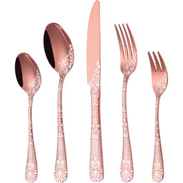 Rose Gold Cutlery Set for 6 People, HONKKU 30-Piece Stainless Steel Cutlery Set, Eating Cutlery Set Mirror Polished with Floral Patterns, Fork Spoon Knife Set Dishwasher Safe
