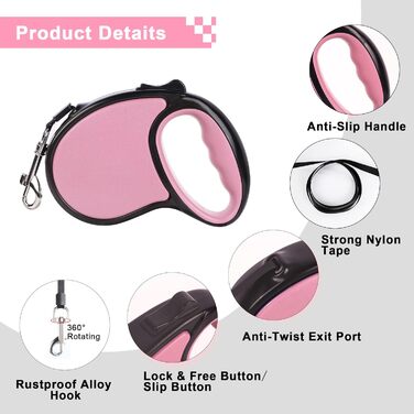 Висувна собача шлейка, 5 м, для собак маленьких та середніх порід до 25 кг, антизаплутування, міцний нейлоновий трос (рожево-білі крапки), рожева
