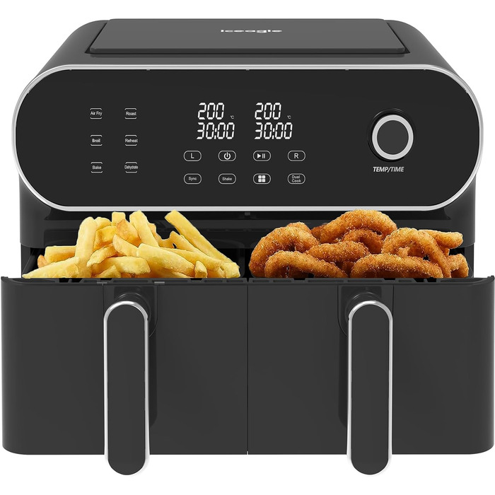 iceagle Hot Air Fryer 2 Chambers Airfryer XXL 11L - 1700 W Hot Air Fryer with 2 Compartments | Dual Zone Hot Air Fryer, 6 Cooking Functions, Touchscreen, Recipe Book Dual Basket 11L