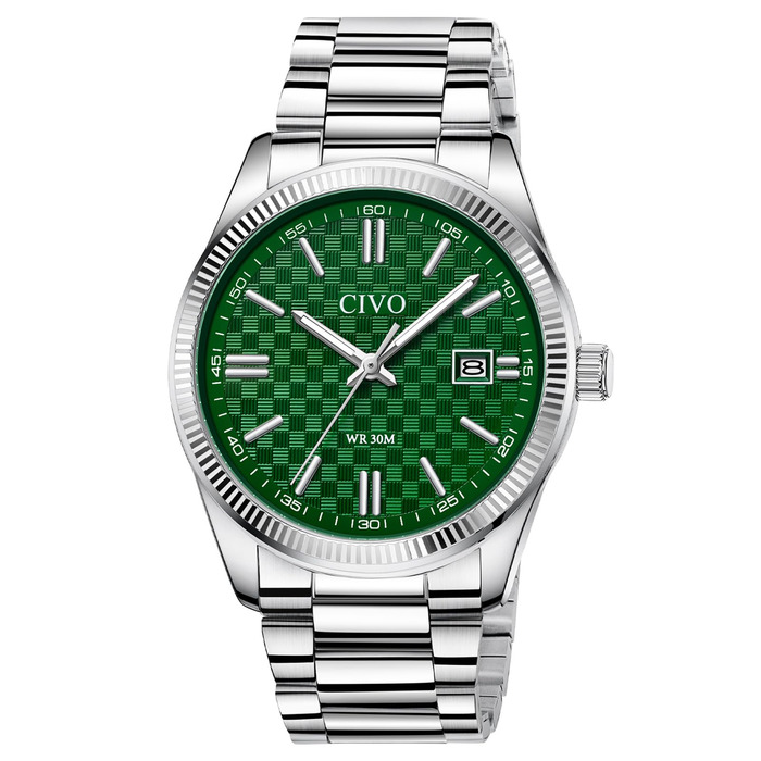 Чоловічий годинник CIVO з нержавіючої сталі: аналоговий бізнес-годинник з датою, що світиться - водонепроникний для роботи та відпочинку - стильний подарунок для чоловіків (сріблястий, зелений)