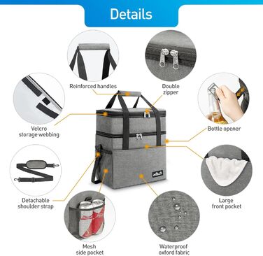 Термосумка Viedouce 30L: Ізольована сумка-холодильник для пікніків, кемпінгу та подорожей (сіра)