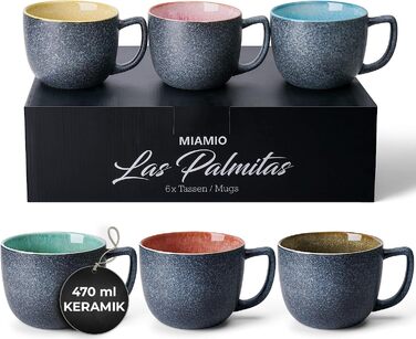 MIAMI - Set of 6 x 470 ml Coffee Cups/Mugs/Large Coffee Cups/Modern Coffee Cups made of stoneware - Las Palmitas Collection, Set of 6