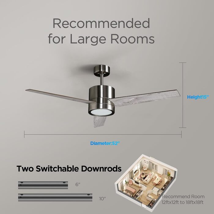 Стеляний вентилятор з підсвіткою для спальні: 132 см, тихий вентилятор з дистанційним керуванням, ідеально підходить для вітальні, горіх, 6 швидкостей та триколірне регулювання яскравості – 220-240V (3 - Сірий)