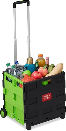 Relaxdays Folding Shopping Trolley, Telescopic Handle, 2 Rubber Wheels, Up to 35 kg, Shopping Trolley, Aluminium, ABS, Shopping Trolleys 98 x 45.5 x 37 cm (Green)