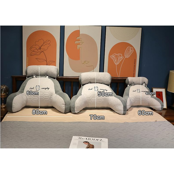 Підголовник для ліжка та дивана LANPEW з підлокітниками. Ергономічне крісло для читання для дорослих. Дихаюче крісло для читання з знімним чохлом. Для читання, роботи. (Наповнювач з бобів, сірий, 80 * 60 см)