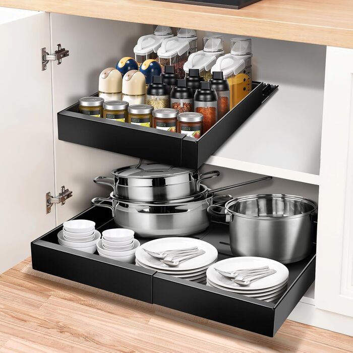 Telescopic Drawer, Adjustable Width 32-52cm, High-Quality Carbon Steel Drawer Organizer Kitchen, Pull Out Cabinet Drawer Organizer, Kitchen Cabinet Drawer Organizer Pull Out (Black)