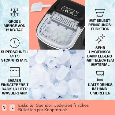 Klarstein Ice Maker - 12kg/24h, 2 sizes, 1.3L water tank, LED displays, transparent lid, portable, ice cube maker for parties/garden events (Black)