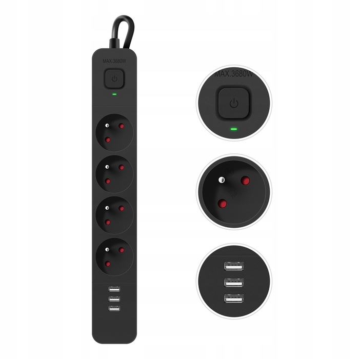 Мережевий фільтр (подовжувач) з 3 USB-портами, вимикачем та захистом від перенапруги, 1.5 м