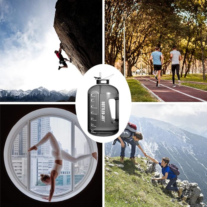 Water bottle with straw, 1 Gallon / 3.5L BPA-Free Leak-Proof Plastic Sports Bottle, Water Bottle with Time Markers, Drinking Bottle for Fitness, Office, Outdoor, Home (Black, 2500 ml)