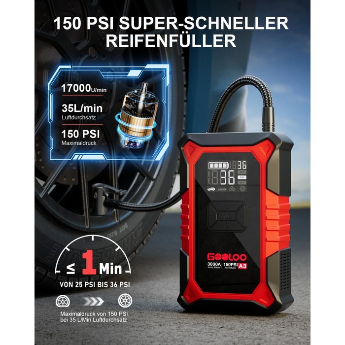 Powerbank з компресором GOOLOO A3 для автомобіля 12V (до 9.0L бензин/6.5L дизель), 3000A, 150PSI, LED дисплей