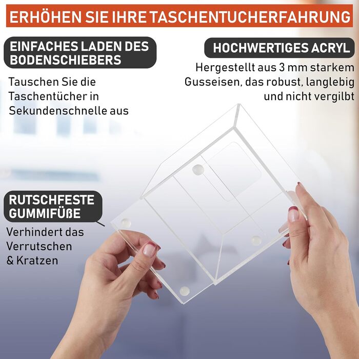 Acrylic Tissue Holder, transparent tissue box for cosmetic tissues, napkins, and lint-free cloths. Perfect for bathrooms, desks, workspaces, and vanity tables (Square, Clear)