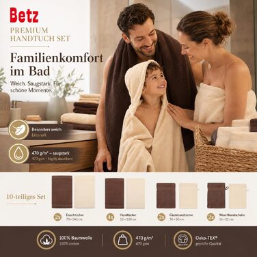Набір махрових рушників Betz Premium 10 предметів, 100% бавовна, 470 г/м², Oeko-TEX, Колір: горіховий коричневий та бежевий (2 банні, 4 середні, 2 гостьові рушники, 2 рукавички)