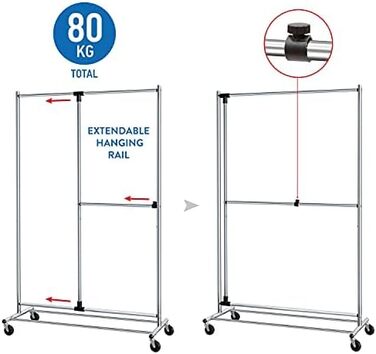 Tatkraft Drago Clothes Rack - Stable, with 2 Clothes Rails, up to 110 kg, Coat Rack, Adjustable, Clothes Rack on Wheels, Metal, (Silver)
