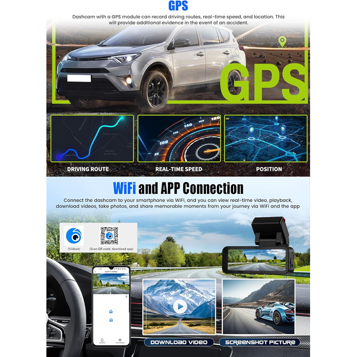 Відеореєстратор CAMECHO 4K Dual (передній + задній) з GPS, WiFi, ADAS, BSD, LCA, нічна зйомка, 150° кут огляду, IPS 3.16