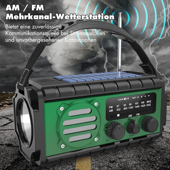 Сонячне радіо 20000mAh з ручним генератором, AM/FM, LED ліхтарик, SOS-сигнал, IPX6, для кемпінгу та подорожей (зелене)