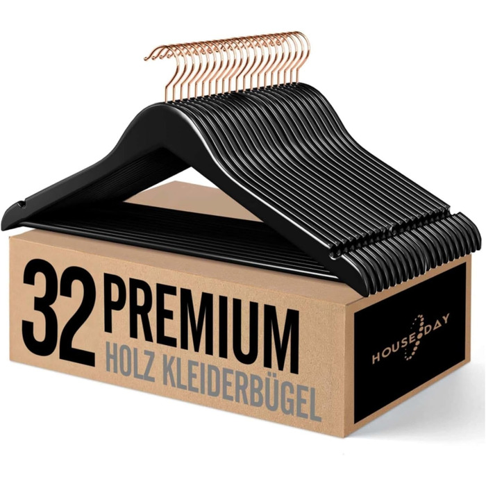 Дерев'яні вішалки для одягу HOUSE DAY, 32 шт., чорні, стабільні, обертаються, ширина 44,5 см, з вирізом, гачки рожевого золота