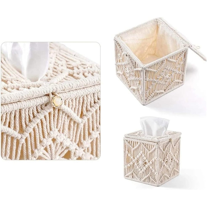 XIAOJUN Tissue Box, Blanket, Boho, Square, Paper, with Pearl Clasp, Macrame, Napkins, Tissues, Organizer for Home
