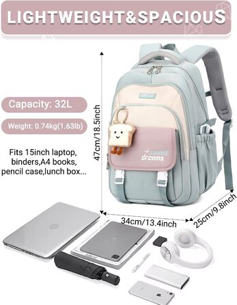 Дитячий рюкзак для дівчаток 2-10 класів, 32L | Легкий, з дихаючою спинкою та м'якими лямками | Рюкзак для підлітка 8+ років (Небесно-блакитний)