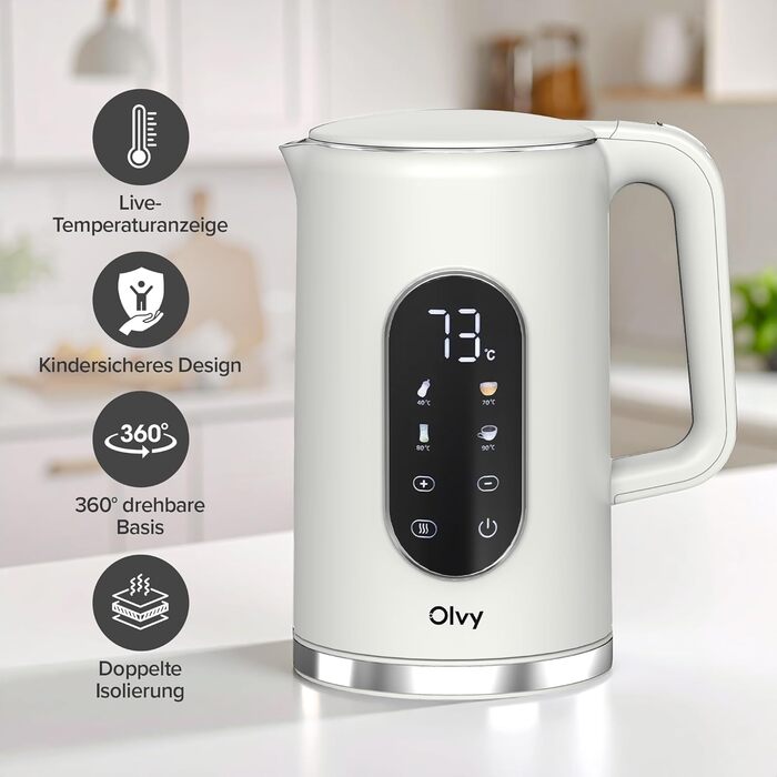 Електричний чайник Olvy 1.7L з регулюванням температури – Швидкий, з нержавіючої сталі, 2200W, з функцією підтримання тепла, подвійні стінки (Білий)