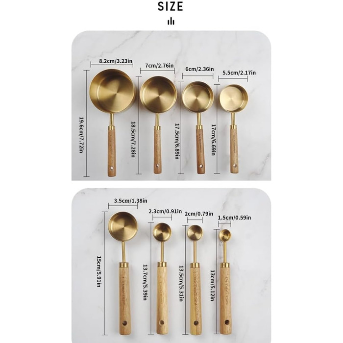 8-Piece Stainless Steel Baking Tool Set, Measuring Cups, Measuring Spoons, Wooden Handle, Kitchen Utensils for Coffee Powder