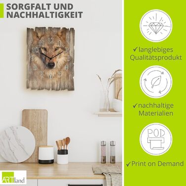 ARTLAND Wall Decor Wall Clock without Ticking Sounds, Wood, 30x40 cm, Rectangular, Silent, Nature, Animals, Forest Landscape, Original, Nordic, T5YP (Wolf, Radio Clock)