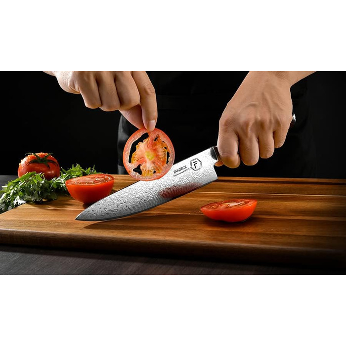 Професійний кухонний ніж FANTECK Gyuto 20 см з дамаської сталі VG-10, 67 шарів, японський шеф-ніж із руків'ям з пакка-дерева у подарунковій коробці