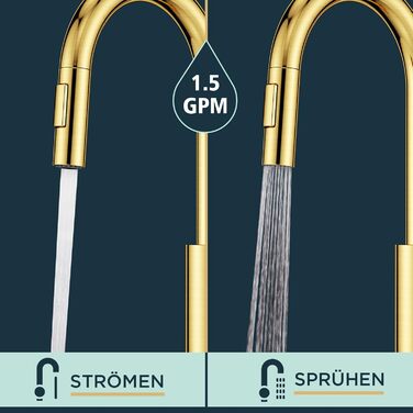 Кран кухонний FORIOUS, Чорний, з висувною лійкою, поворотний на 360°, з покриттям Gold