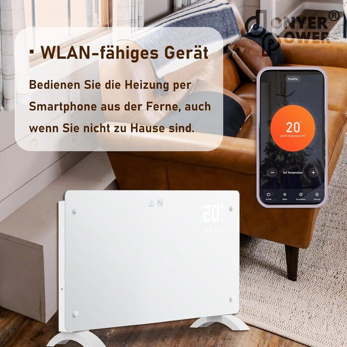 Конвектор опалення DONYER POWER 2500W з Wi-Fi, 24H таймер, дистанційне керування, скло (1.5kW, білий)