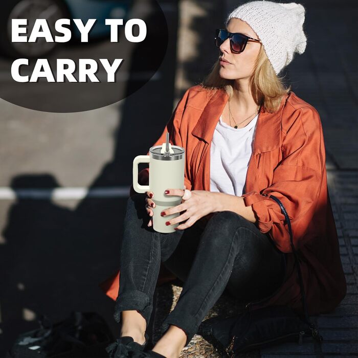 Термокружка для кави та напоїв WATERSY 40oz (591 мл) з нержавіючої сталі, подвійні стінки, без витоку, з ручкою та трубочкою, бежевий