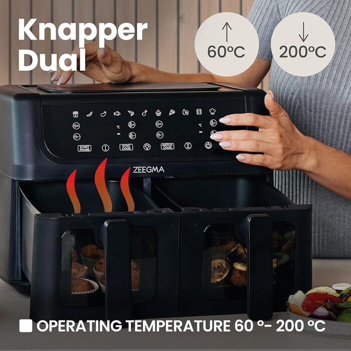 Фритюрниця з гарячим повітрям ZEEGMA KNAPPER DUAL, 1700 Вт, 2 відсіки, 9 л, таймер 60 хв, 11 програм, 60-200 °C, швидкий нагрів, сенсорне керування, чорний