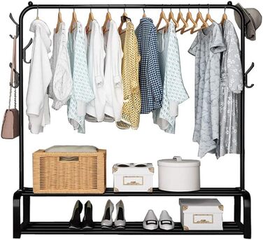 Vinteky Clothing Rack, Freestanding Coat Rack with Upper Bar, Lower Shelf, and 6 Hooks for Hanging Clothes, Black
