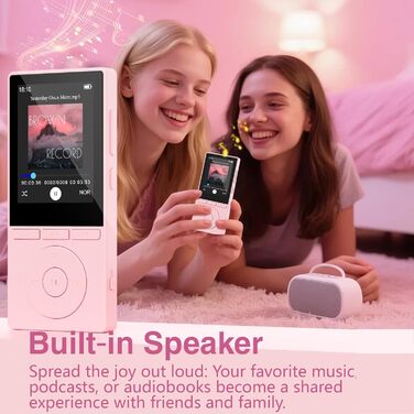 MP3 плеєр 64GB Bluetooth 5.3 з динаміком, HiFi звук, запис голосу, E-book, рожевий. Підтримка TF карти 128GB для спорту