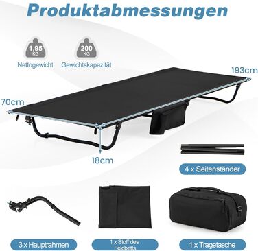 Лежанка для кемпінгу Costway, розкладне ліжко для відпочинку, 193x70 см, чорне, вантажопідйомність 200 кг