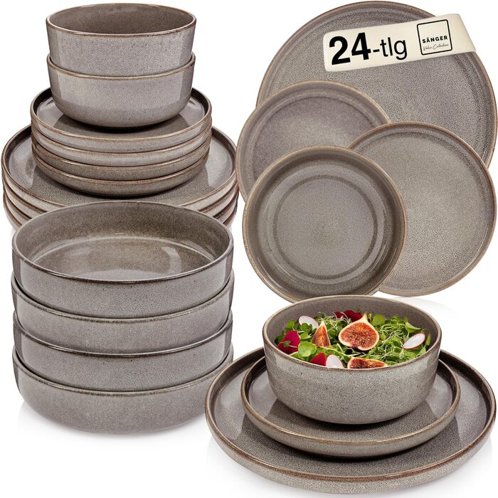 Набір посуду SÄNGER Kairo Graphit 24 елементи: 6 тарілок для їжі, 6 тарілок для десерту, 6 мисок для пасти, 6 мисок, керамічний посуд для 6 осіб, мока-коричневий колір