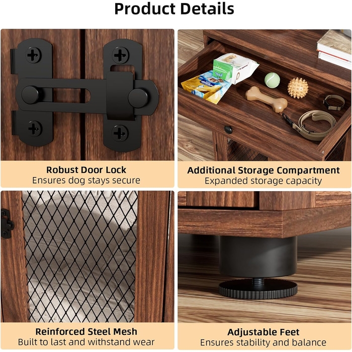 Клітка для собак VOWNER з дерева, 3 двері, з ящиком, 51x60x62 см, для собак до 20 кг, горіховий колір