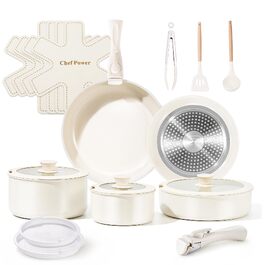 Набір посуду Chef Power 19 предметів: каструлі та сковорідки з titan-керамічним антипригарним покриттям та знімними ручками, білий (для всіх типів плит, підходить для духовки)