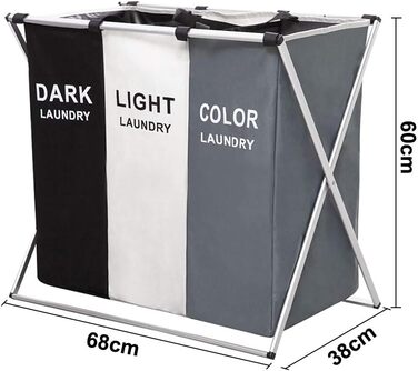 UHAPEER Laundry Basket 3 Compartments Large Foldable Dirty Clothes Basket Waterproof Laundry Collector Space Clothes Classification Light/Dark/Dyed (68 * 38 * 60cm, 3 Compartments)